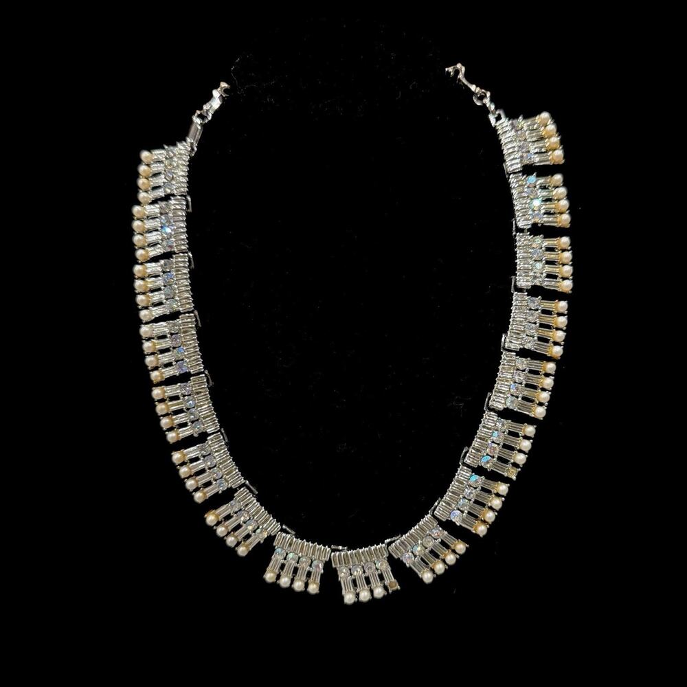 Vintage 1950s Coro AB Rhinestone Baguette Faux Pearl Fringe Choker Necklace 16”